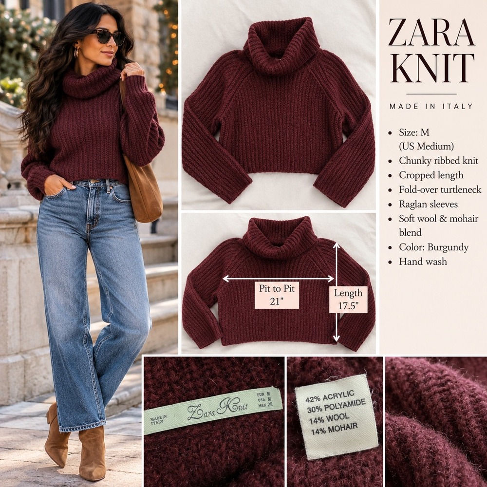 Zara Knit Burgundy Mohair Wool Blend Cropped Turtleneck Sweater Size M Italy